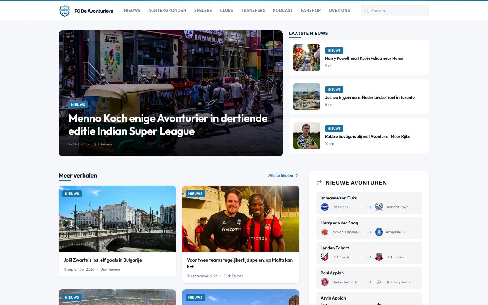 Startpagina van FC De Avonturiers met het laatste nieuws, verhalen en nieuwe transfers