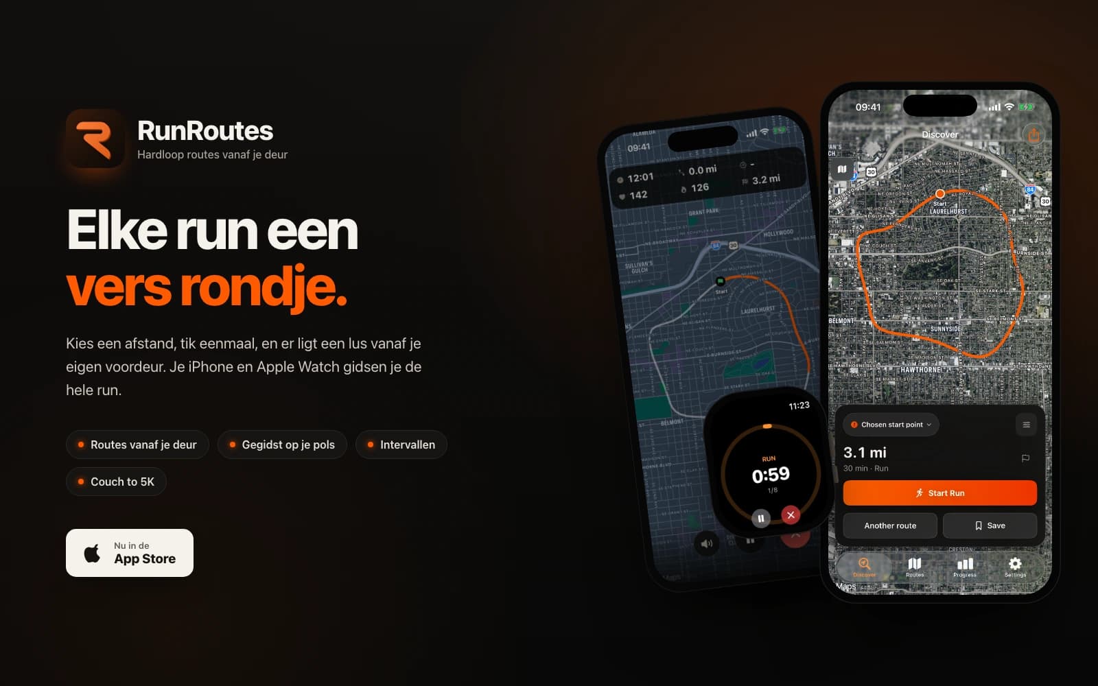 RunRoutes op een iPhone en Apple Watch, met een hardlooprondje op de kaart en de begeleiding tijdens de run